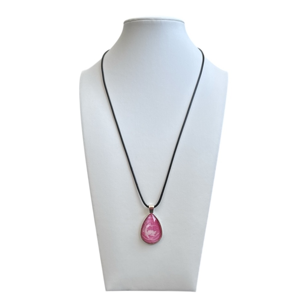 Handmade Pink and White Fluid Art Teardrop Pendant Necklace One of a Kind - Picture 3 of 9